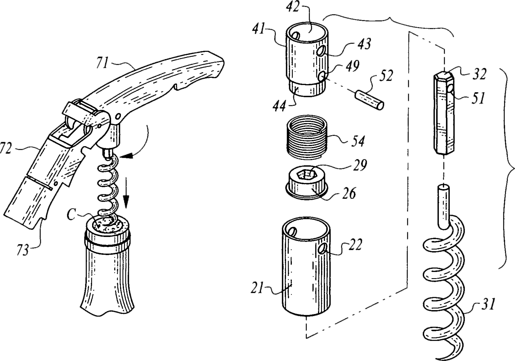 drawing of the different opperating parts of a corkscrew