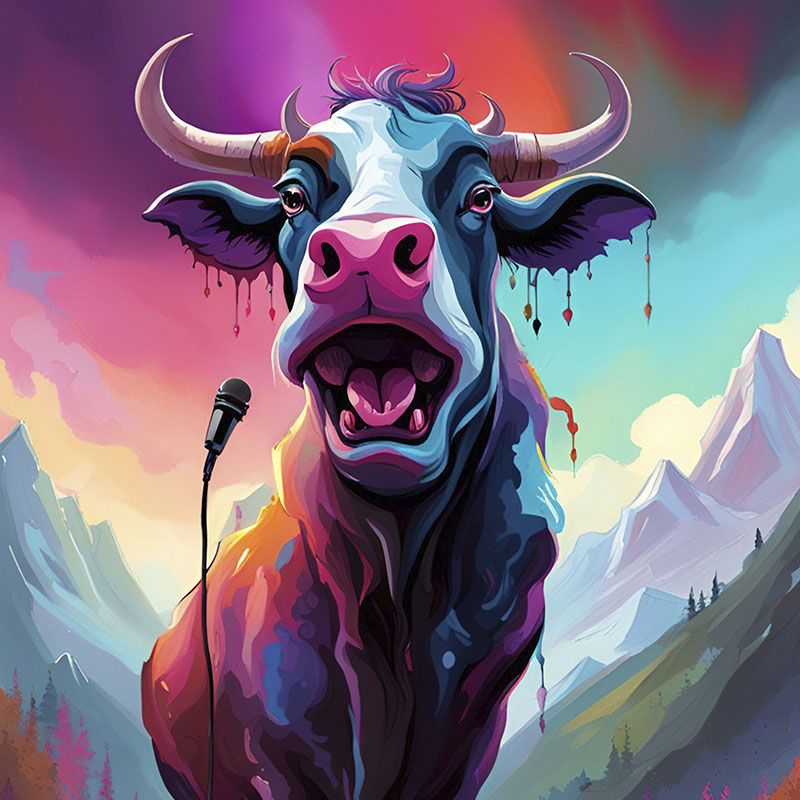 a psychedelic cow talking into a microphone